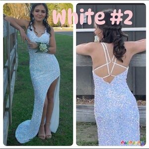 Sequin Spaghetti-Strap Evening Dress in White